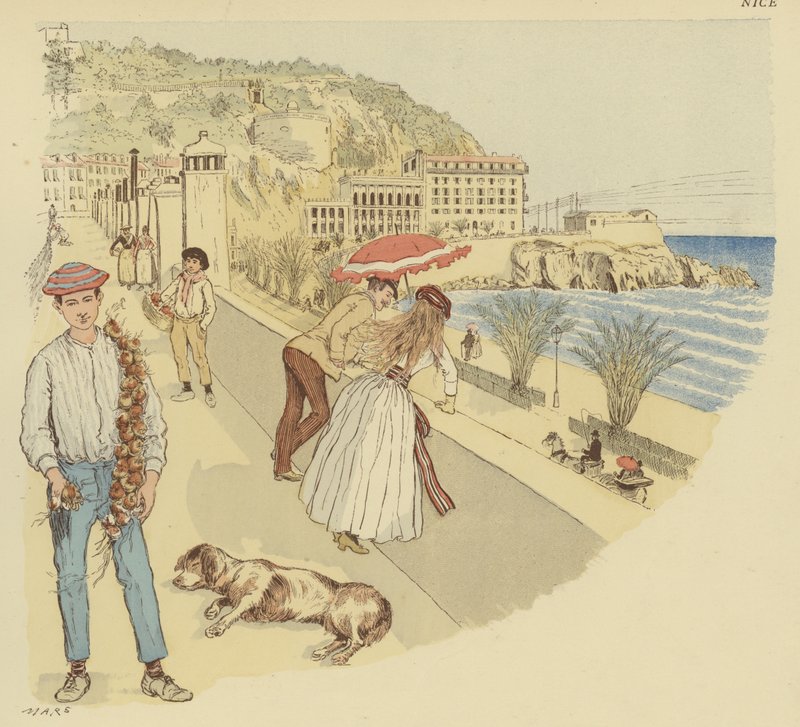 Ein Zwiebelhändler mit seinen Waren und Menschen, die die Terrasse zum Berg Rauba-Capeu, Nizza genießen von Maurice Charles Mathieu Bonvoisin