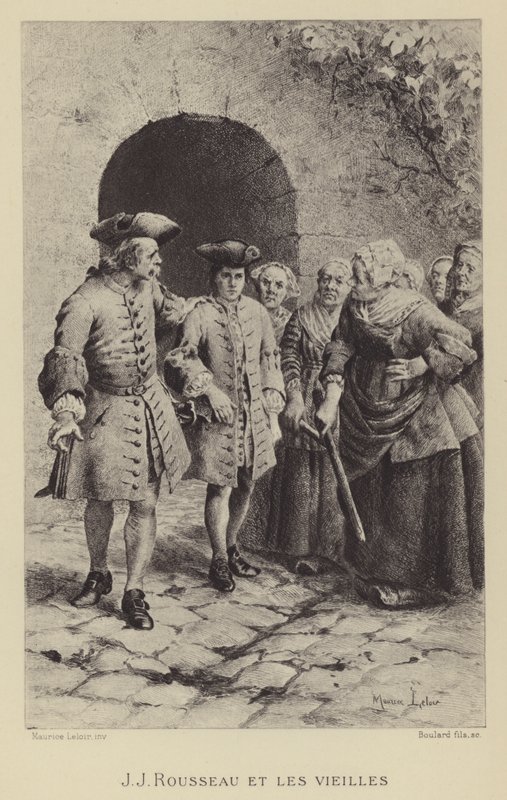 Jean-Jacques Rousseau mit den alten Frauen (Gravur) von Maurice Leloir