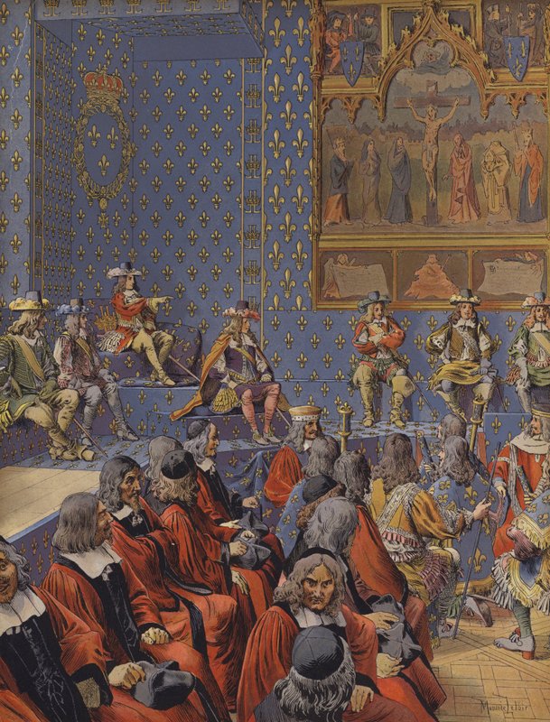 König Ludwig XIV. sitzt in Stiefeln im Parlament von Maurice Leloir