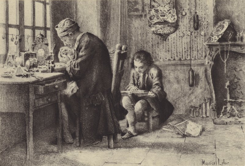 Der junge Jean-Jacques Rousseau liest, während sein Vater arbeitet (Gravur) von Maurice Leloir