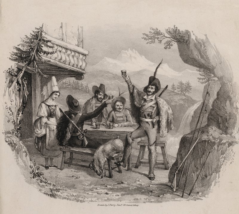 Jäger in den Bergen genießen ein Getränk in einer Taverne (Stich) von Maxim Gauci
