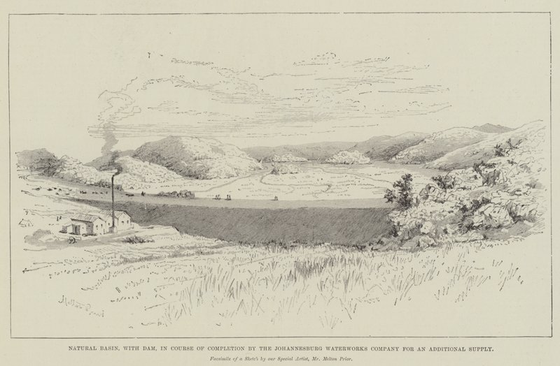 Natürlicher Becken, mit Damm, im Bau durch die Johannesburg Waterworks Company für eine zusätzliche Versorgung von Melton Prior