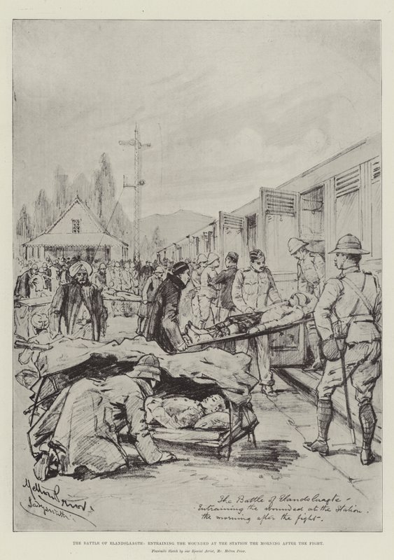 Die Schlacht von Elandslaagte, Verladung der Verwundeten am Bahnhof am Morgen nach dem Kampf von Melton Prior