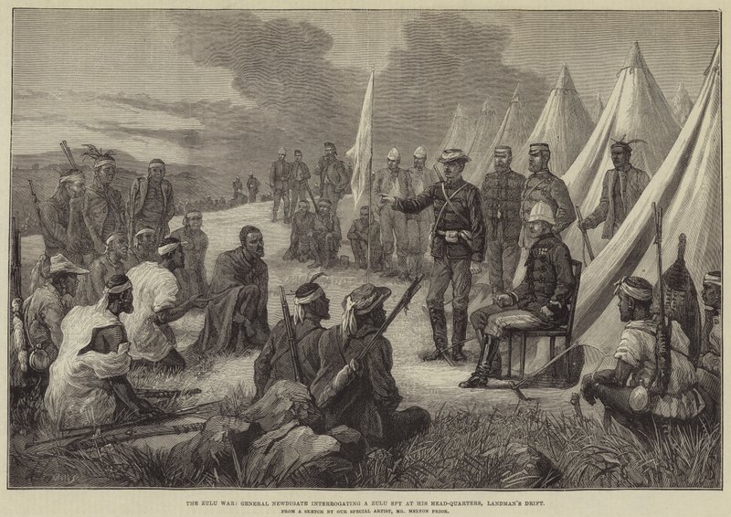 Der Zulukrieg, General Newdigate verhört einen Zulu-Spion in seinem Hauptquartier, Landman
