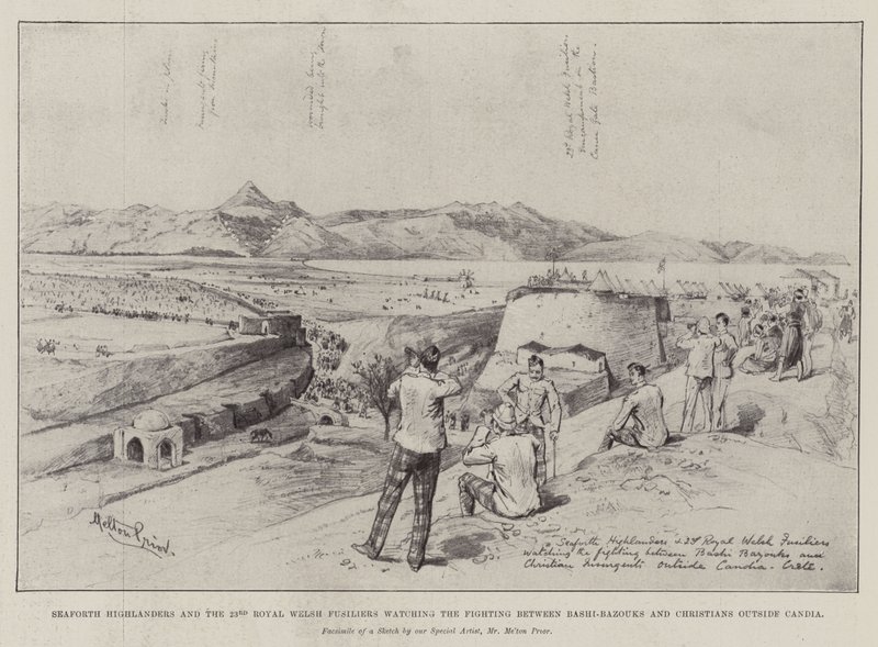 Seaforth Highlanders und die 23. Royal Welsh Fusiliers beobachten die Kämpfe zwischen Bashi-Bazouks und Christen außerhalb von Candia von Melton Prior