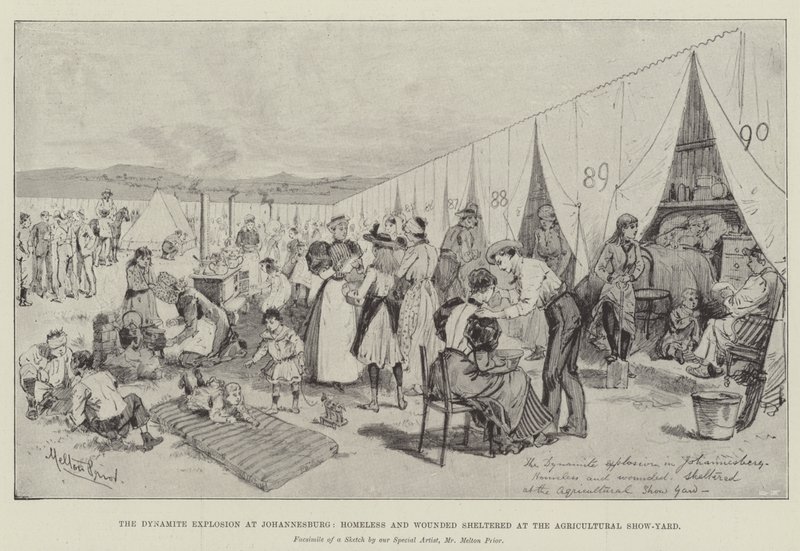Die Dynamitexplosion in Johannesburg, Obdachlose und Verwundete im Landwirtschaftsausstellungsgelände von Melton Prior