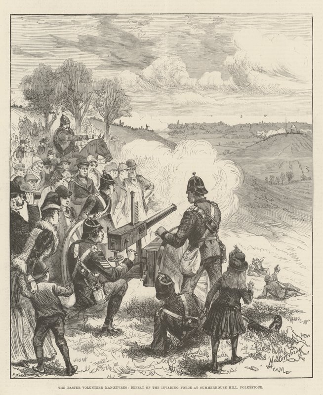 Die Oster-Freiwilligenmanöver, Niederlage der Invasionsstreitkräfte am Summerhouse Hill, Folkestone von Melton Prior