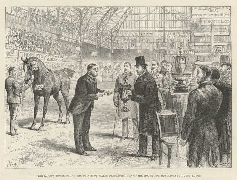 Die Londoner Pferdeschau, der Prinz von Wales überreicht Mr. Moore den Pokal für sein Hackney-Pferd Rufus von Melton Prior