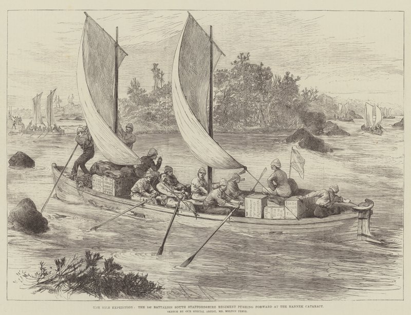 Die Nil-Expedition, das 1. Bataillon des South Staffordshire Regiments drängt am Hannek-Katarakt vor von Melton Prior