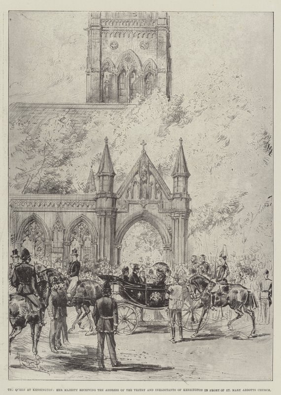 Die Königin in Kensington, Ihre Majestät empfängt die Adresse der Gemeinde und Einwohner von Kensington vor der St. Mary Abbotts Kirche von Melton Prior