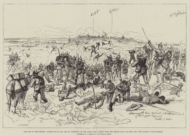 Der Krieg im Sudan, Schlacht von El Teb, 29. Februar, Erstürmung des ersten Forts, bewaffnet mit zwei Krupp-Geschützen, durch die 65. und 75. Gordon Highlanders von Melton Prior