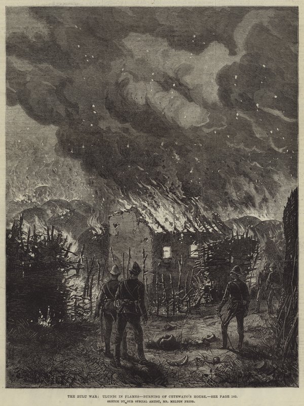 Der Zulukrieg, Ulundi in Flammen, das Brennen von Cetewayos Haus von Melton Prior