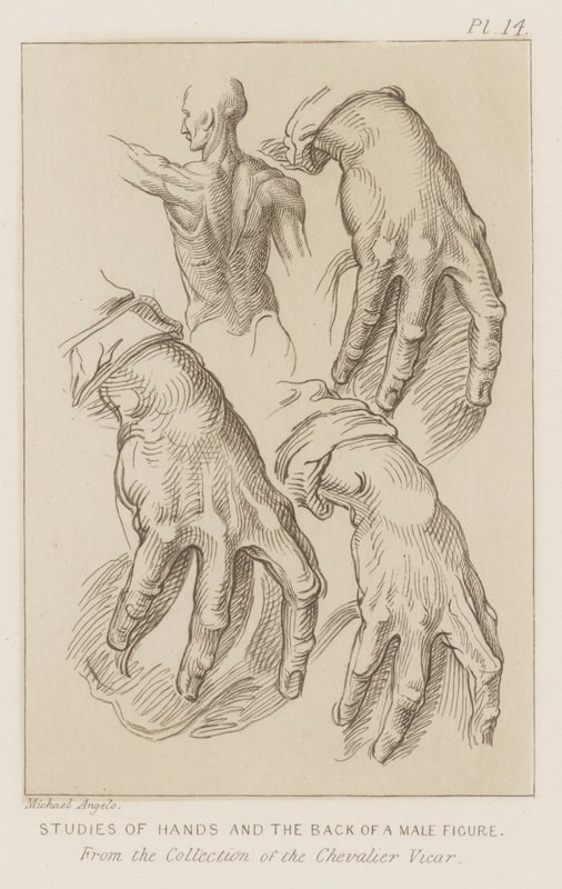 Studien von Händen und dem Rücken einer männlichen Figur (Radierung) von Michelangelo (after) Buonarroti