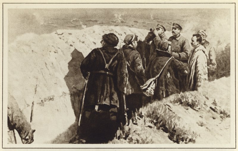 Bolschewistische Kommandeure Joseph Stalin und Kliment Woroschilow in den Schützengräben von Zarizyn, Russischer Bürgerkrieg von Mitrofan Borisovic Grekov