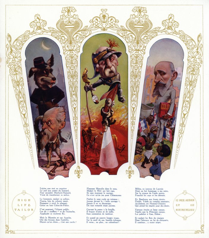 Karikaturen; Louis Lepine, Präfekt von Paris; Georges Clemenceau, französischer Politiker und Premierminister; Raphael Millies-Lacroix, französischer Politiker und Kolonialminister von Moloch