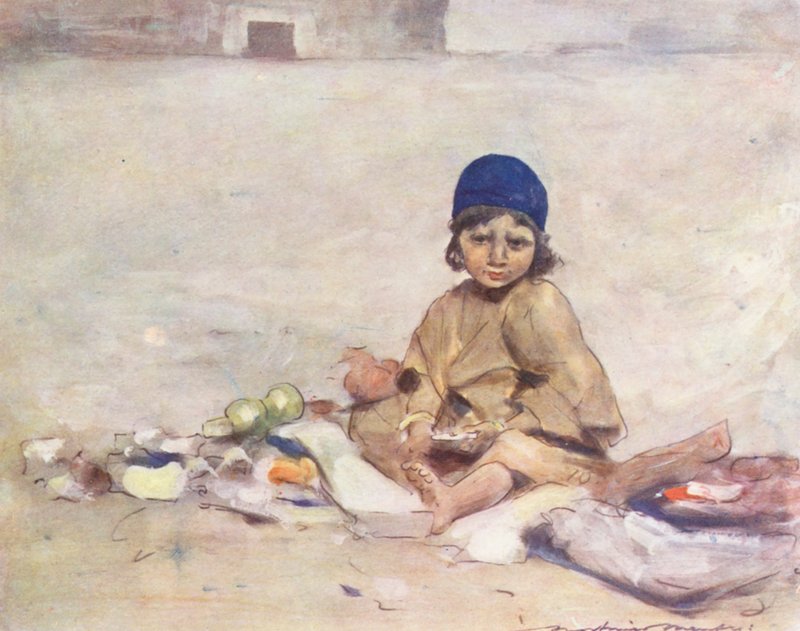 Kinder der Welt: Kaschmir, Still sitzen (Farblithografie) von Mortimer Ludington Menpes
