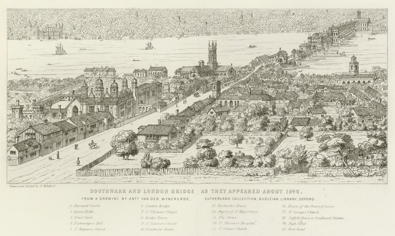 Southwark und London Bridge, wie sie um 1546 aussahen von Nathaniel Whittock