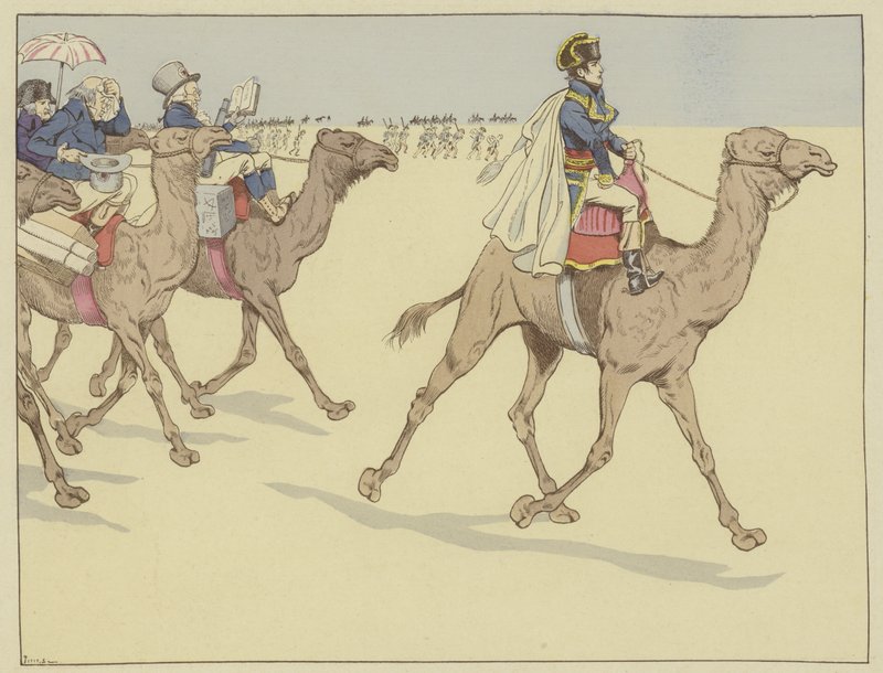 Angekommen im Land der Pharaonen, wurde Napoleon überall von einer Kommission von Gelehrten und Künstlern begleitet, die noch nie auf dem Rücken eines Kamels geritten waren, 1. Juli 1798 von Onfray de Breville Job