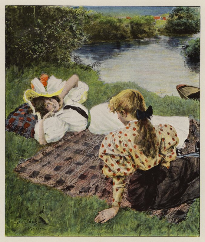 Zwei junge Frauen entspannen sich am Flussufer und sprechen über die Liebe (Farblithografie) von Oscar Bluhm