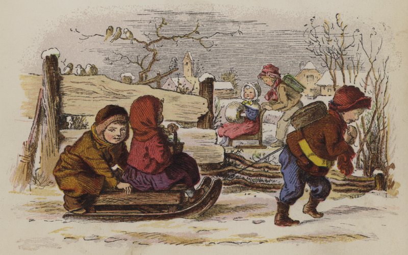 Kinder spielen mit einem Schlitten im Schnee von Oskar Pletsch