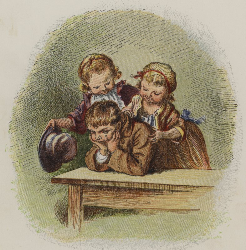 Zwei kleine Mädchen versuchen, einen mürrischen Jungen aufzuheitern (Farblithografie) von Oskar Pletsch