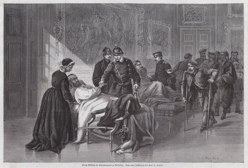 König Wilhelm I. von Preußen trifft verwundete Soldaten im Palais de Versailles, Frankreich, Deutsch-Französischer Krieg von Otto Johann Heinrich Heyden