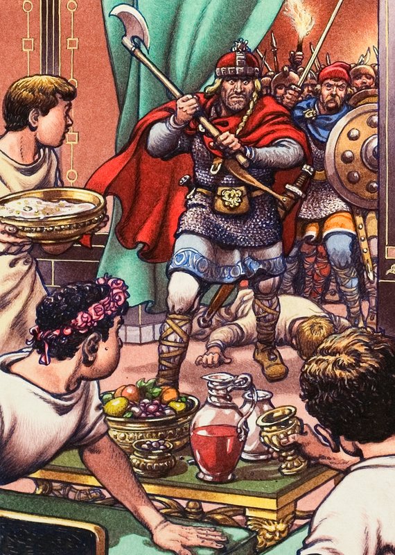 Barbaren überfallen ein römisch-britisches Abendessen von Pat (1907-95) Nicolle