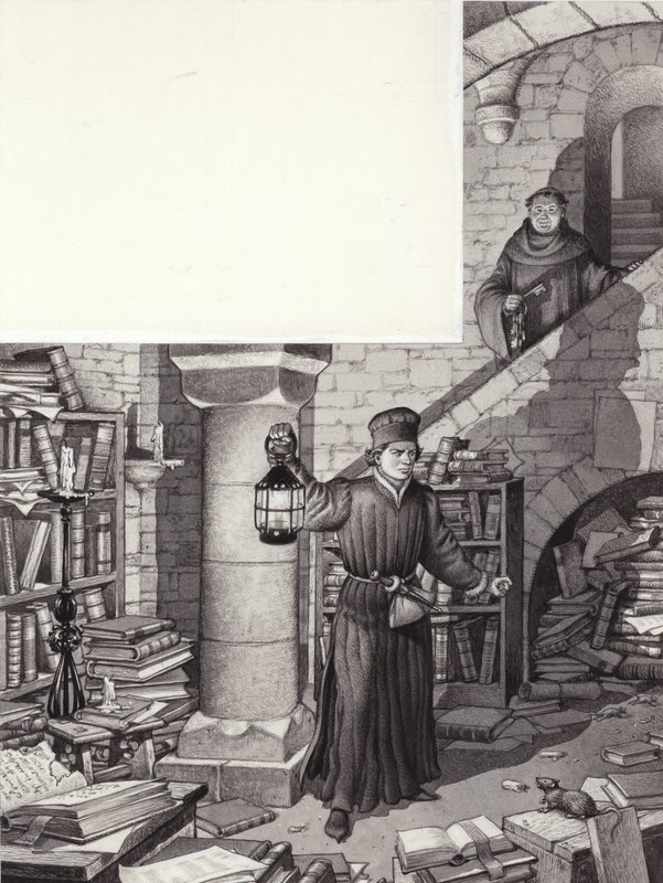Poggio Bracciolini in der vernachlässigten Bibliothek des Klosters St. Gallen von Pat (1907-95) Nicolle