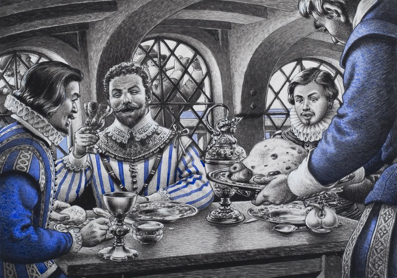 Sir Francis Drake (1540-96) am Tisch von Pat (1907-95) Nicolle