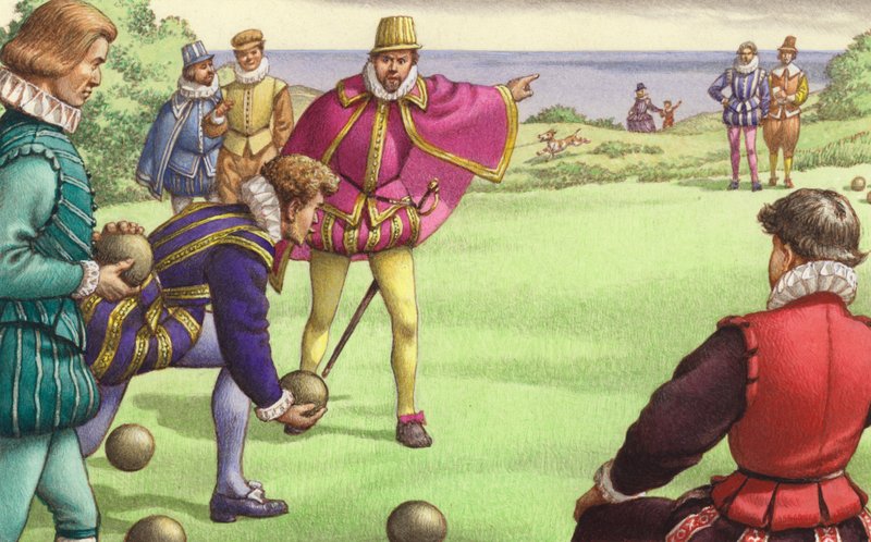 Sir Francis Drake spielt Bowls vor der Ankunft der spanischen Armada von Pat (1907-95) Nicolle