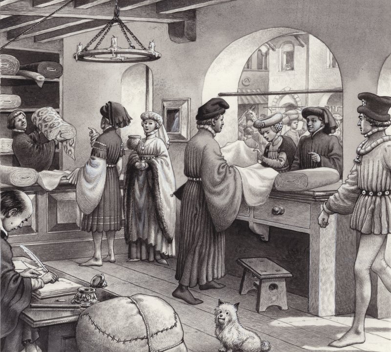 Ein Tuchhändlerladen im Renaissance-Italien von Pat (1907 95) Nicolle