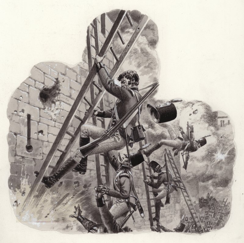 Britische Soldaten unter Beschuss der Franzosen beim Angriff auf Badajoz von Pat (1907 95) Nicolle