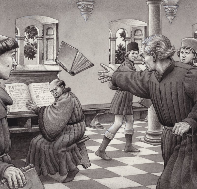 Poggio Bracciolini wirft einem Mitgelehrten, Tortelli, ein Buch zu von Pat (1907 95) Nicolle