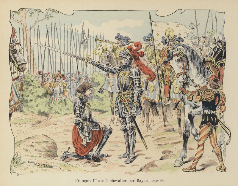 König Franz I. von Frankreich wird nach der Schlacht von Marignano, Italien, 1515 vom Chevalier de Bayard zum Ritter geschlagen von Paul de Semant