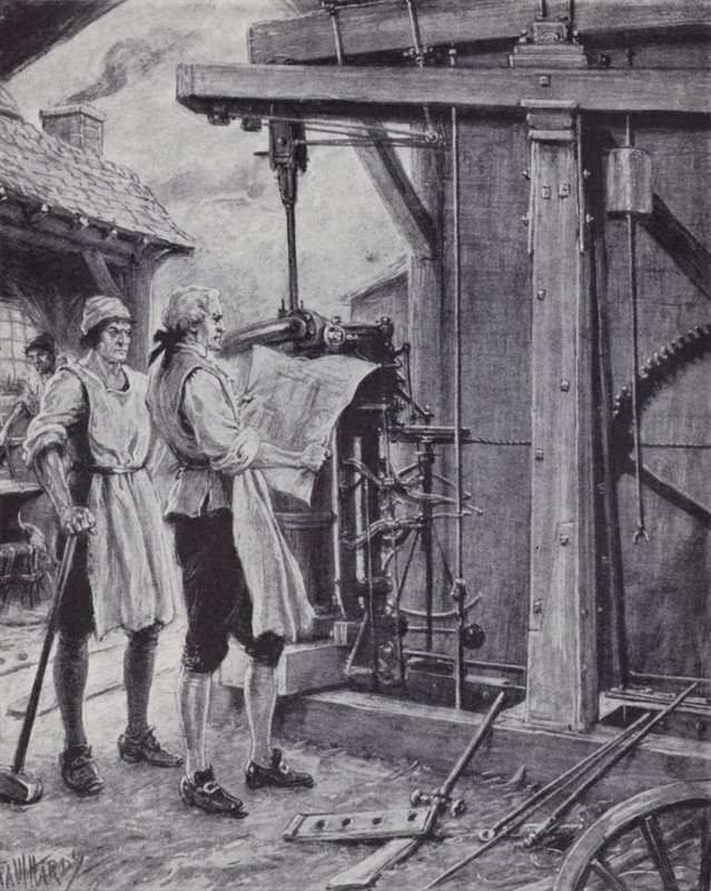 James Watt bei der Arbeit an der Dampfmaschine von Paul (after) Hardy
