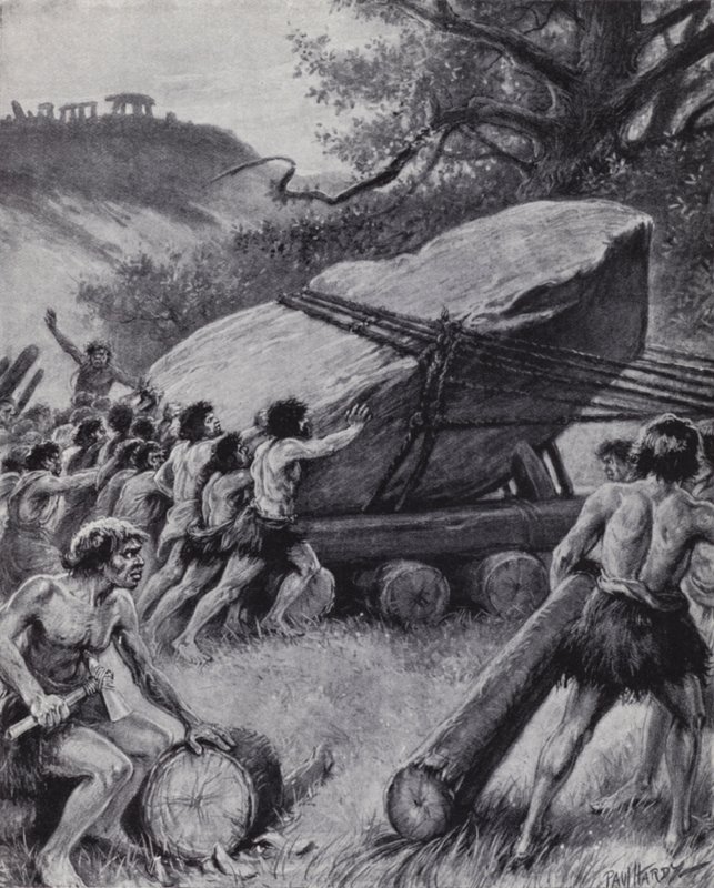 Paläolithische Männer bewegen eine riesige Steinplatte auf Rädern (Lithografie) von Paul (after) Hardy