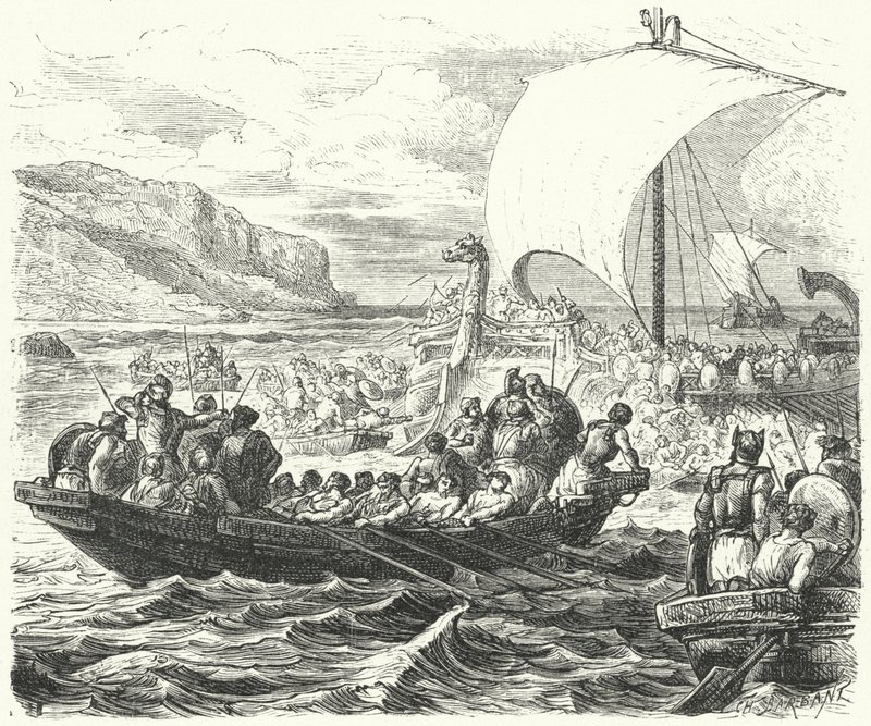 Phönizische Schiffe landen an einer Küste (Gravur) von Paul Dominique Philippoteaux