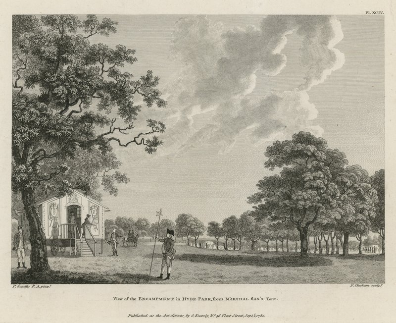 Blick auf das Lager im Hyde Park vom Zelt des Marschalls Sax von Paul Sandby