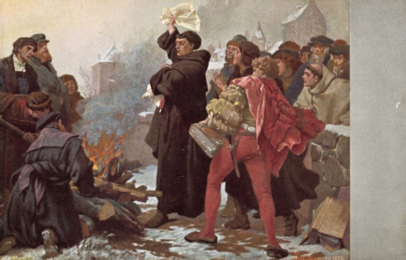 Martin Luther verbrennt die päpstliche Bulle, die ihm mit Exkommunikation droht, vor dem Elstertor in Wittenberg, Deutschland, 10. Dezember 1520 von Friedrich Paul Thumann