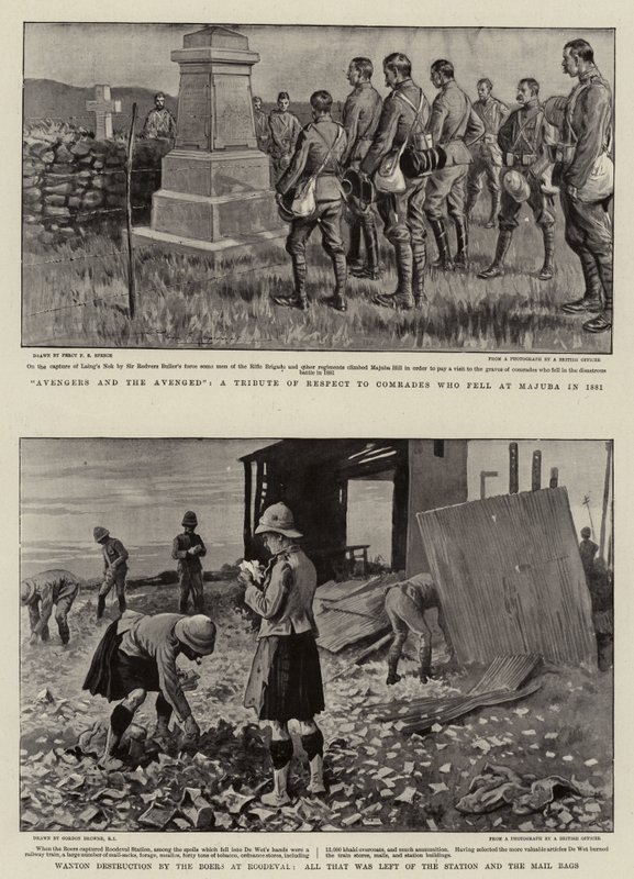 Rächer und die Gerächten, Ein Tribut des Respekts an Kameraden, die 1881 in Majuba fielen, mutwillige Zerstörung durch die Buren in Roodeval, alles, was von der Station und den Postsäcken übrig blieb von Percy F.S. Spence