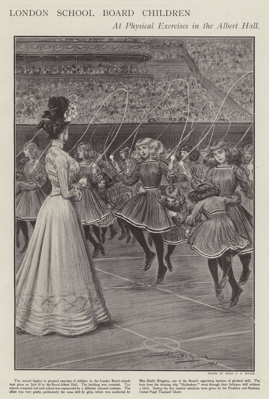 Kinder des Londoner Schulvorstands bei körperlichen Übungen in der Albert Hall (Lithographie) von Percy F.S. (after) Spence