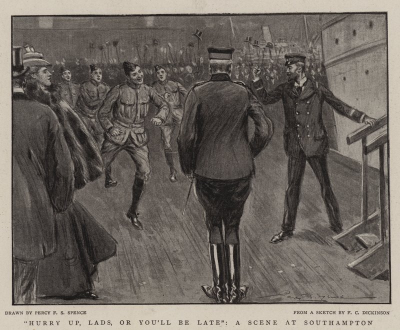 Beeilt euch, Jungs, sonst kommt ihr zu spät, eine Szene in Southampton von Percy F.S. Spence