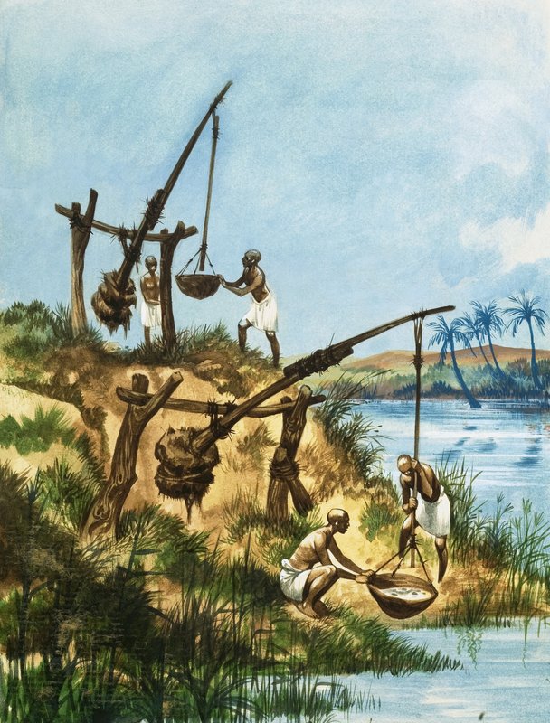 Frühe Ägypter verwenden ein System von Gewichten und Stangen, genannt Schadoofs, um Wasser aus dem Nil zu holen von Peter Jackson