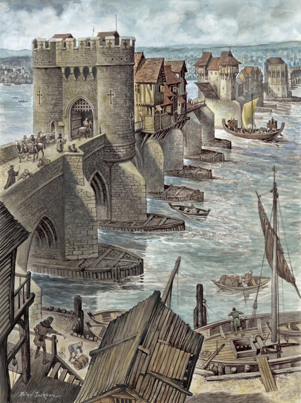 Rekonstruktion der Alten London Bridge wenige Jahre nach ihrem Bau, Blick nach Nordwesten von Peter Jackson