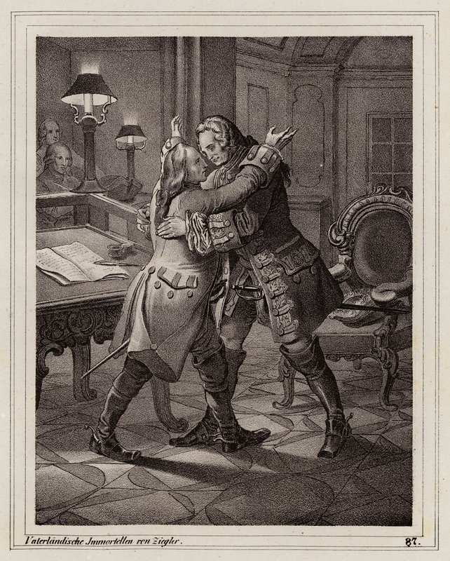 Eugen von Savoyen umarmt den Herzog von Marlborough, Spanischer Erbfolgekrieg von Peter Johann Nepomuk Geiger