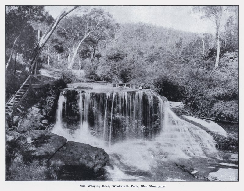 Der Weeping Rock, Wentworth Falls, Blue Mountains (s/w Foto) von Photographer Australian