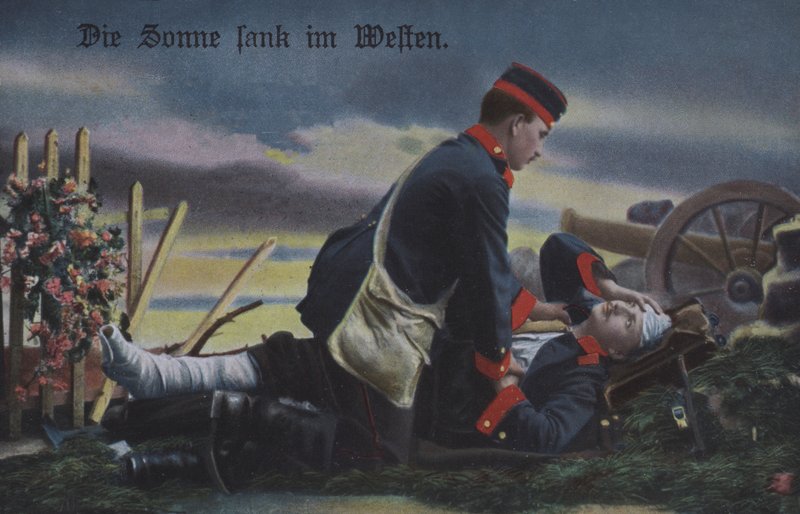 Die Sonne ging im Westen unter: Ein deutscher Soldat tröstet seinen sterbenden Kameraden auf dem Schlachtfeld von Photographer German