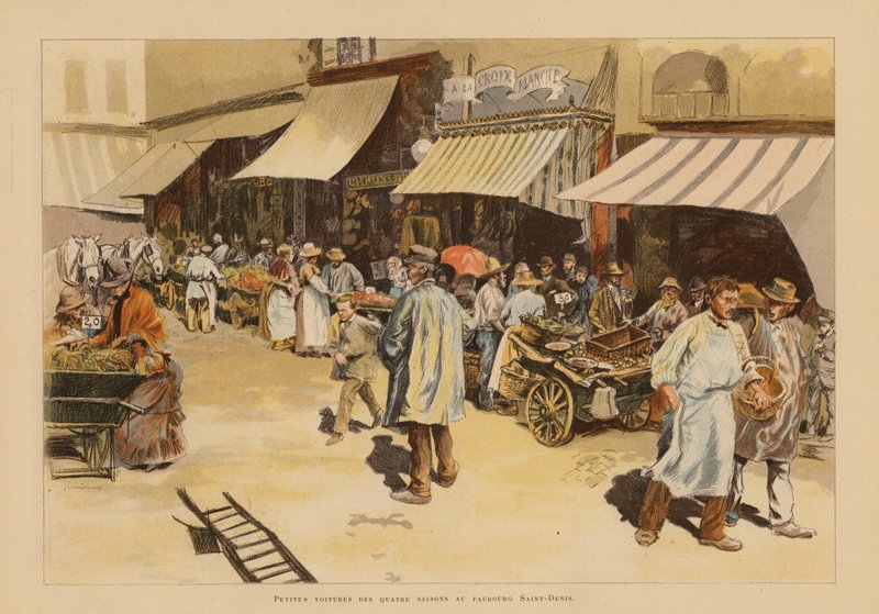 Die Markthändler der vier Jahreszeiten auf der Rue du Faubourg Saint-Denis, Paris von Pierre Georges Jeanniot