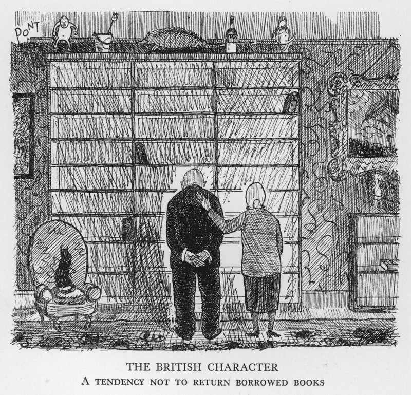 Der britische Charakter, Tendenz, geliehene Bücher nicht zurückzugeben (Lithografie) von Pont