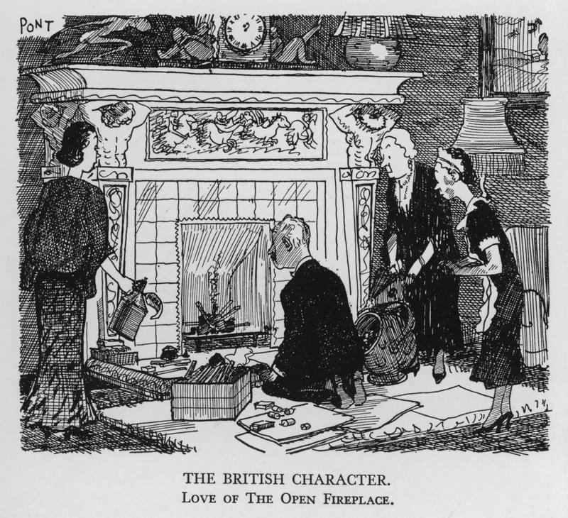 Der britische Charakter; Liebe zum offenen Kamin (Lithographie) von Pont